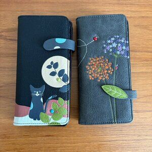 Lot of 2 NWT Espe Vegan Long Leather Wallets black grey cat ladybug flower